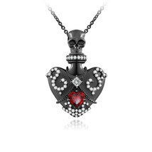 Skull Necklace With Gothic Style Perfume Bottle And Garnet Heart Silver Pendent - £119.08 GBP