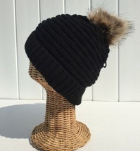 Winter Thick Warm Lined Knit With Faux Fur Pom Stretchy Beanie Ski Hat Black #H  - £19.22 GBP