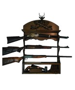 Walnut Wooden 3 Place Wall Gun Rack Black Forest Carved Deer Stag - $289.00