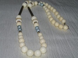 Estate Long Cream &amp; Blue Plastic with Brass &amp; GOldtone Bead Necklace – 28 inches - $8.59