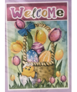 Welcome Easter House Garden Flag 28x40&quot; Eggs Basket Baby Chicks Tulips - $22.51