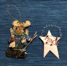 Vintage Christmas Ornament Tin Metal Ski Moose Peace and Star Lot of 2   751A - £10.61 GBP