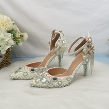 Womens Wedding Shoes Fashion Sandals Woman Thin Heel Tassel Crystal Party Dress  - £83.00 GBP