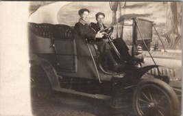 RPPC Young Boys in  Early Automobile Studio Country Road Backdrop Postcard X2 - £12.70 GBP