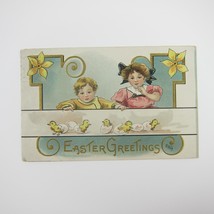 Easter Postcard Boy &amp; Girl Watch Chicks Hatch From Eggs Embossed Antique 1911 - £7.89 GBP