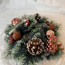 Vintage Christmas Plastic Candle Ring Wreath Evergreen Pinecones Nuts Present 8&quot; - £6.38 GBP