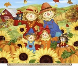 36&quot; X 44&quot; Panel Scarecrow Family Scarecrows Autumn Cotton Fabric Panel D513.79 - £10.32 GBP
