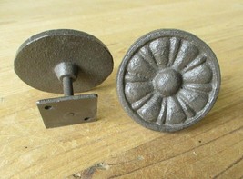 2 Cast Iron Drawer Cabinet Pulls Knobs Cicular W/ Back Plate FANCY Rusti... - $15.99