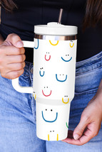 White Smiling Face Print Handle Vacuum Cup 40oz - $516.66 MXN