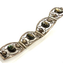 Vintage 925 SM Mexico Rare Caved Tribal Aztec Gods Abalone Stone Link Bracelet 7 - £136.62 GBP