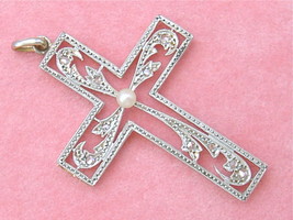 Antique Nouveau Deco .07ctw Diamond Pearl Platinum 18K Latin Cross Pendant 1930 - £595.36 GBP
