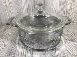 Vintage Pyrex Clear Glass Casserole Bowl Dish With Lid Silver Footed Container  - £19.45 GBP