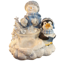 Penguin Snowman Carolers Votive Candle Holder w/ Christmas Tree 5&quot; x 4&quot; China - £6.11 GBP