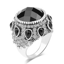 Vintage Jewelry New Bohemia Punk Black Big Ring Silver Plated Mosaic Crystal Wed - £6.02 GBP