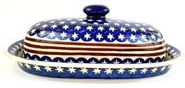 Boleslawiec Lg Covered Casserole Entree Dish Hand Made Poland 4th of July - £44.13 GBP