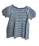 Hand Crochet Knit Baby Top Button Back Blue Infant Dress Approx 18 mo - $27.00
