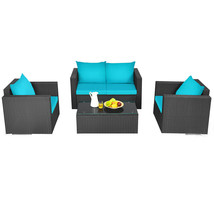 4 Pcs Rattan Patio Furniture Set Outdoor Wicker With Turquoise Cushion - £451.96 GBP