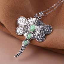 Green Opal Dragonfly Filigree Pendant Necklace Silver - £9.82 GBP