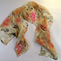 Rectangular silk sheer scarf, cream with floral prints - $10.75