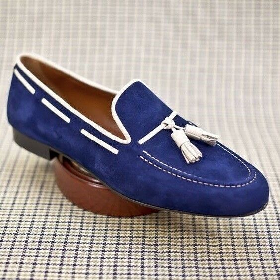 Men Navy Blue Suede Loafer Slip On White Tassel Black Sole Leather Shoes US 7-16