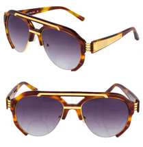 LINDA FARROW Prabal Gurung Aviator Brown Tortoise Gold Purple PG11 Sunglasses - £189.33 GBP