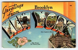 Greetings From Brooklyn New York Large Letter Linen Postcard NY Unused Vintage - £16.33 GBP