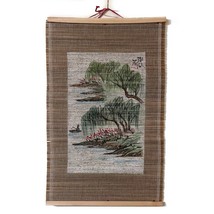 Vintage Bamboo Scroll Painted Fishing Scene Landscape Wall Hanging 19x12&quot; - $9.87