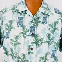 Hawaiian Aloha Shirt Large Palm Trees Tiki Mug Statues Blue Tropical Sol... - $29.99
