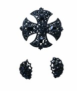 Vintage Black Rhinestone Maltese Cross brooch pin matching Earrings Lot 2 - $47.86 CAD
