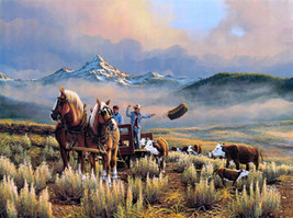 Cowboys in the wild feed cows Oil painting Giclee Art Printed on canvas - £6.73 GBP+
