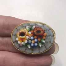 Vintage Micro Mosaic Floral Oval Brooch Gray with Gold Tone Italy Stamped - £25.00 GBP