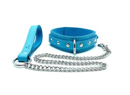 BDSM Light Blue Leather &amp; Stitching Vienna Collar &amp; Leash with Silver Ha... - £83.73 GBP