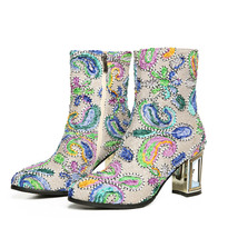 ethnic print flower women&#39;s boots mixed color crystal bird cage high heels 10cm  - £81.72 GBP