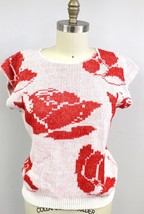 Vtg Acrylic Sweater 1980s Pink Red Roses Silver Lurex Sparkly Fairy Kei M - $60.59