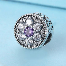 925 Sterling Silver Forget Me Not Flower with Purple CZ Charm Bead - £12.52 GBP