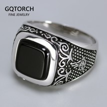 Vintage Punk Silver 925 Jewelry Square Black Stone Rings For Men Engraved Retro  - £39.20 GBP