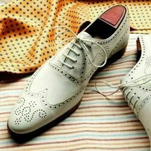 Elegant Oxfords White Leather Handmade Brogue Wingtip Lace up Shoes - £109.34 GBP