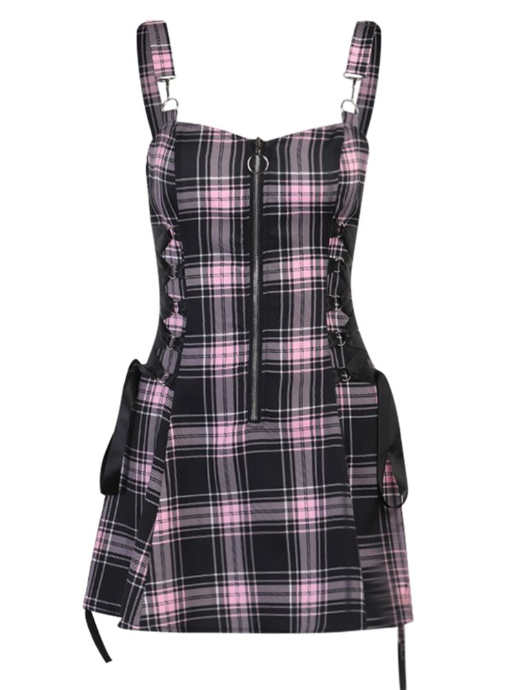Gothic Plaid Bandage Black & Blue Dress Vintage Sleeveless Punk Sexy Mini Dress Item image 5