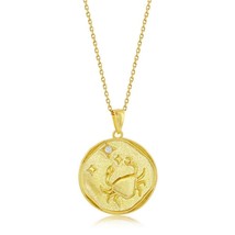 Sterling Silver &#39;CANCER&#39; CZ Zodiac Circle Pendant w/Chain - Gold Plated - £56.54 GBP