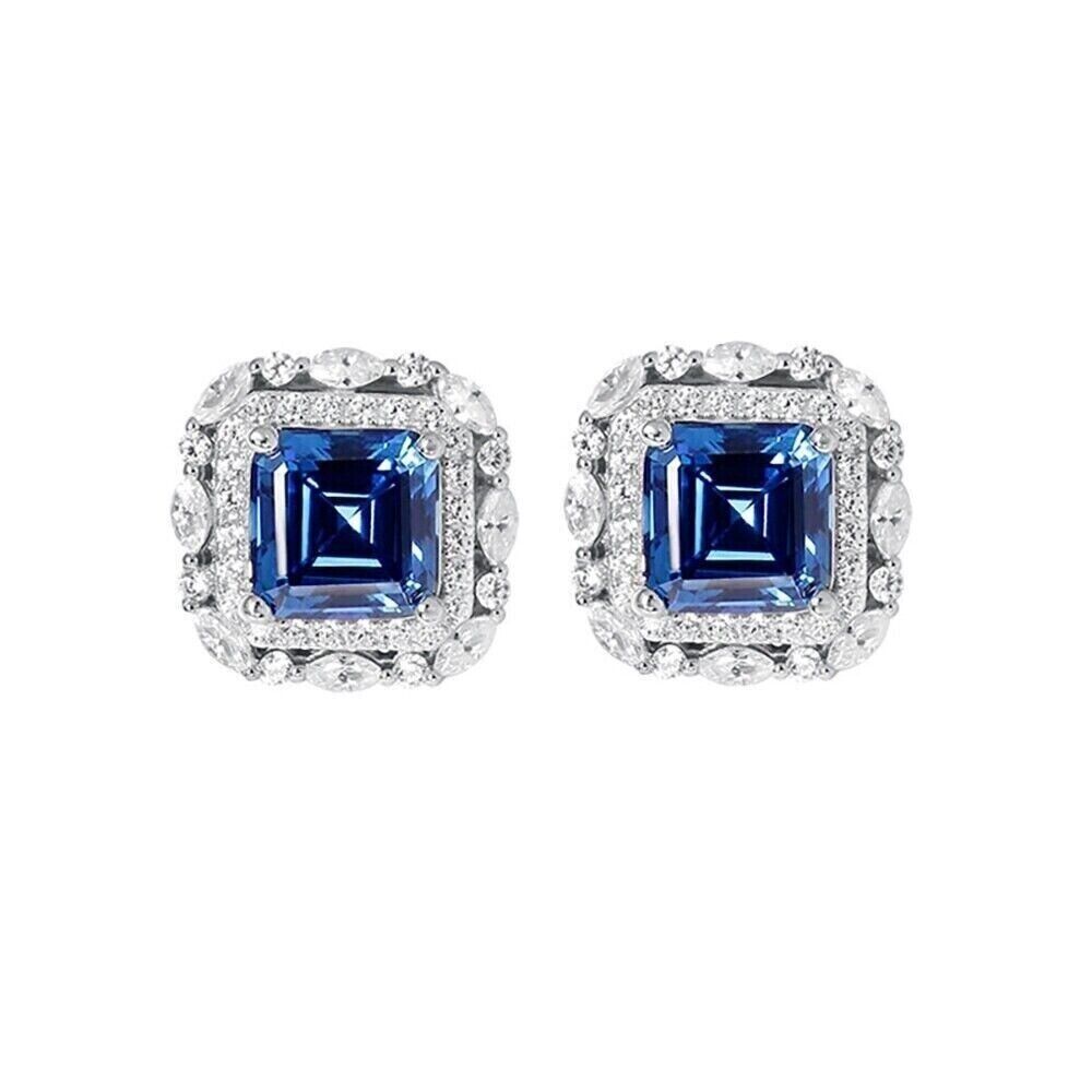 3.00Ct Asscher Cut Lab Created Sapphire Halo Stud Earrings 14K White Gold Plated Item image 3