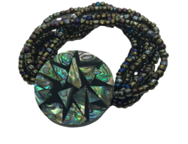 Vintage Stretch Bracelet Glass Beaded multi strand Inlaid Abalone Shell Beach - £11.86 GBP