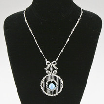 Turquoise &amp; Diamond 18k White Gold Necklace w/Ribbon Bow Design &amp; Bar Chain - $2,052.58