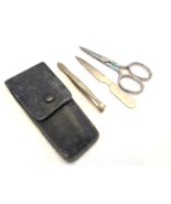 Vintage Austria Germany Black Leather Manicure Set Scissor Tweezer File ... - $20.23 CAD