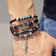 IFMIA Vintage Leather Bracelet Fashion Hand- Multi-layer Leather Feather Leaf Br - £10.47 GBP