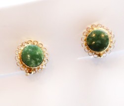 Vintage D&#39;Or 12k Gold Filled Earrings Green Nephrite Jade Stones Round Clip On - £29.59 GBP