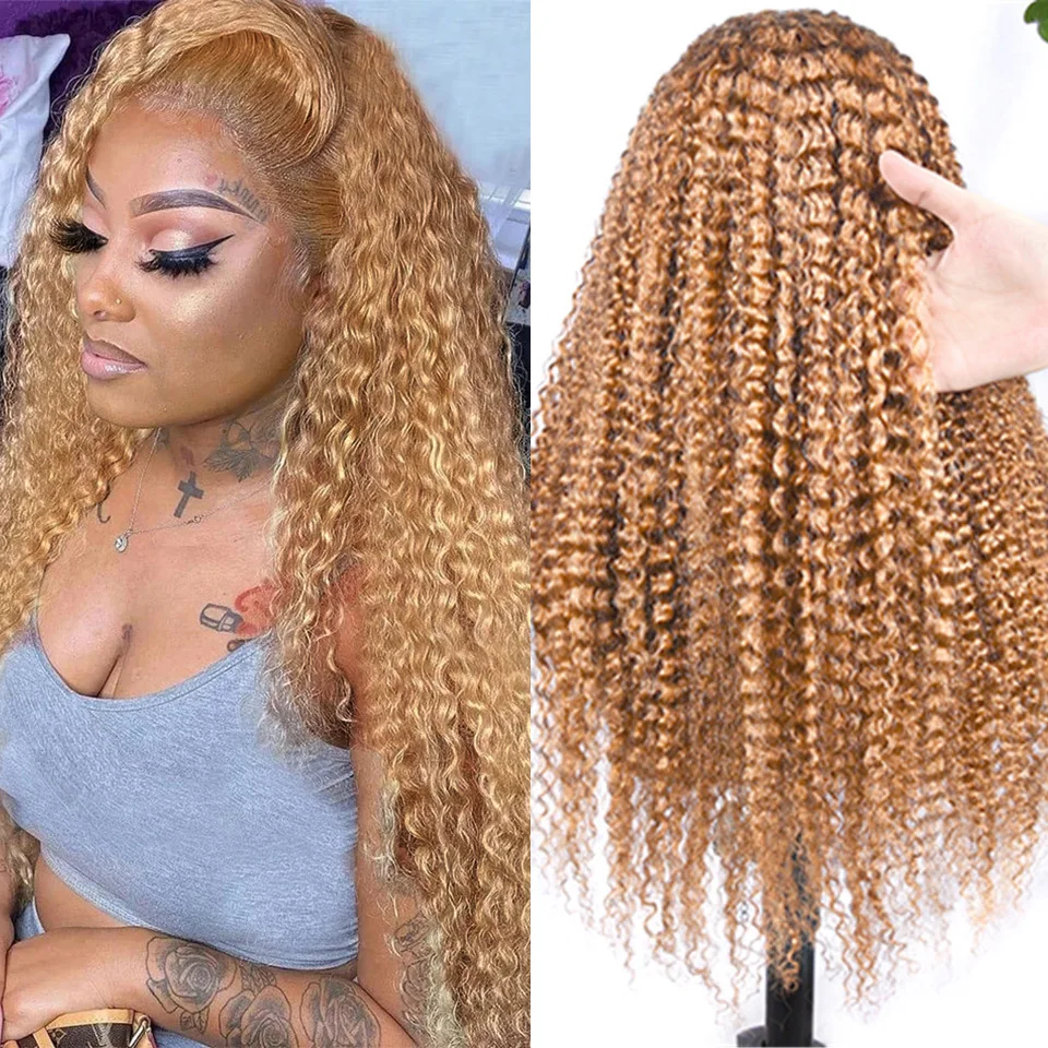 #27 Jerry Curly 13*4 Lace Front Human Hair Wigs Honey Blonde 13x4 Lace Front - £72.39 GBP+