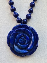 Hand Knotted Lapis Lazuli Carved Flower Necklace in Sterling Silver, 18 Inches - $24.99