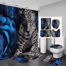 4PCS Blue Rose and Leopard Shower Curtain Set - £31.97 GBP