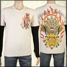Christian Audigier Skull Guns Rhinestone Men Twofer Sweater Shirt Tan Black M-XL - $129.50