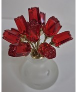 Frosted Art Crystal Glass Vase and Lucite Rose Brass Stem Bouquet Paperw... - $364.37 MXN